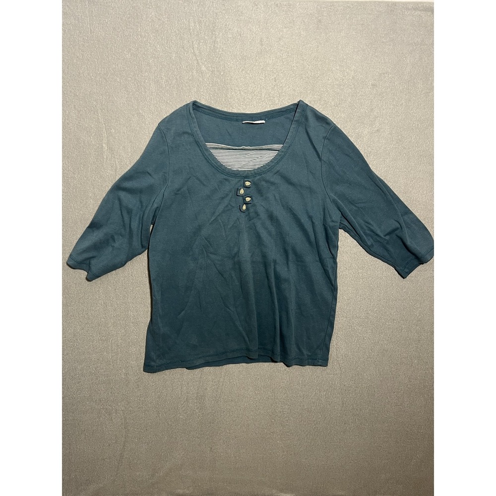 Blair Women's Teal Blue-Green Layered Henley Top Leaf Buttons 3/4 Sleeve Knit